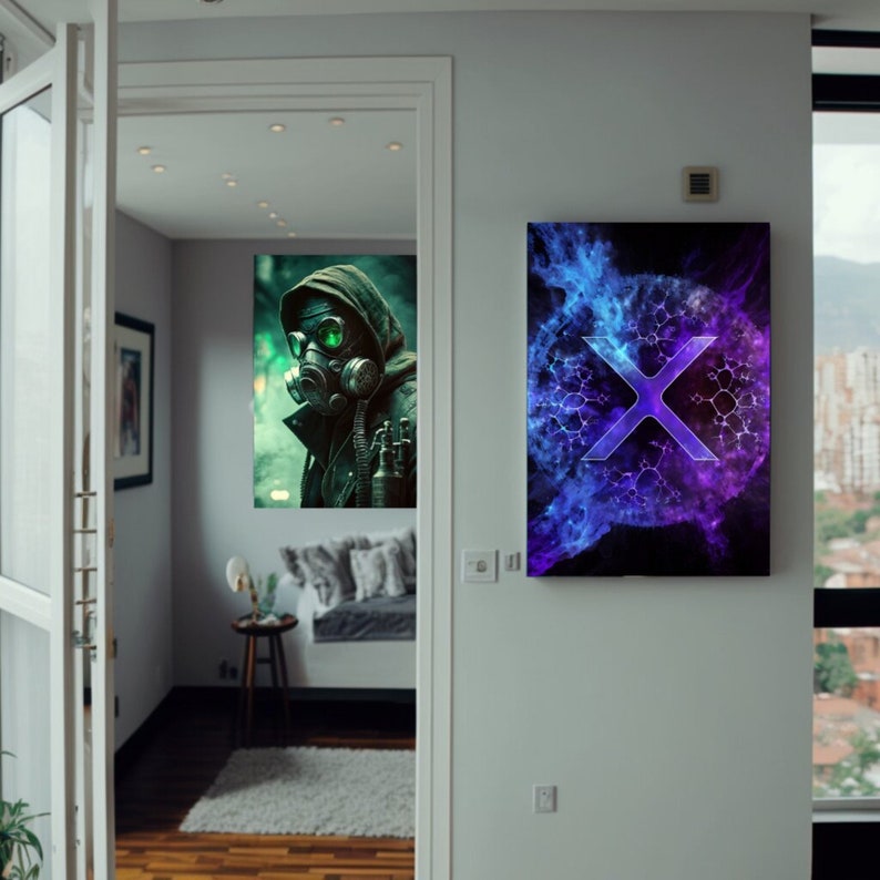 May include: Two framed art prints hanging on a white wall. The print on the left features a person wearing a gas mask and a dark green jacket. The print on the right features a blue and purple abstract design with a white letter X in the center.