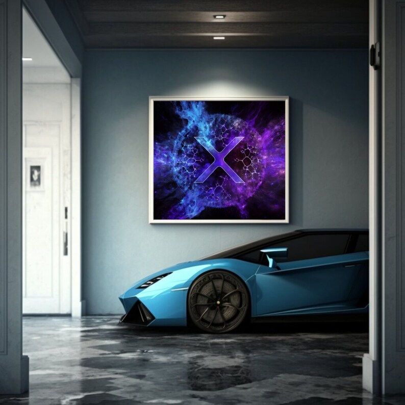 May include: A blue sports car parked in a garage with a framed abstract art print on the wall behind it. The art print features a purple and blue nebula with a white X in the center.