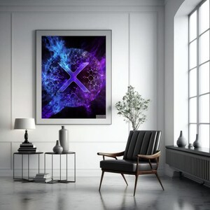 May include: A framed abstract art print with a large, glowing, purple and blue X in the center. The X is surrounded by a swirling, nebula-like background.