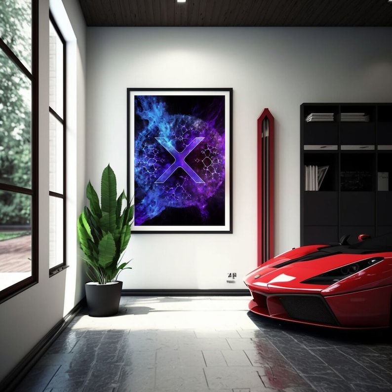 May include: A framed print of a blue and purple abstract design with a large white X in the center. The print is hanging on a white wall in a modern interior.