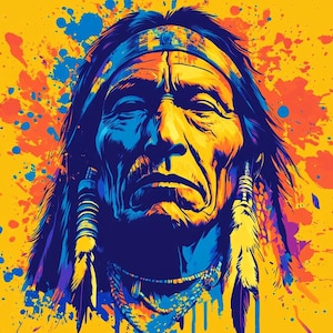 Comanche Chief AI Art Print – Vibrant Yellow, Red, and Blue Digital Download | Native American-Inspired Wall Ar