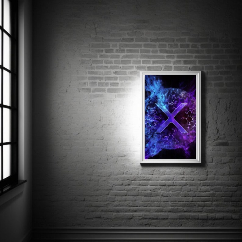 May include: A framed print with a white frame and a blue and purple abstract design with a white X in the center.