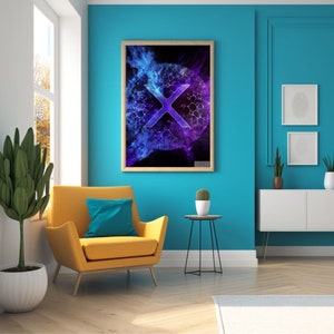 May include: A framed abstract art print with a blue and purple color scheme. The print features a stylized letter X in the center of the image.