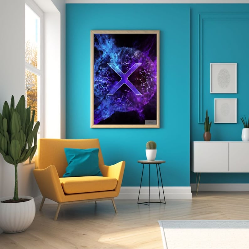 May include: A framed abstract art print with a blue and purple color scheme. The print features a stylized letter X in the center of the image.