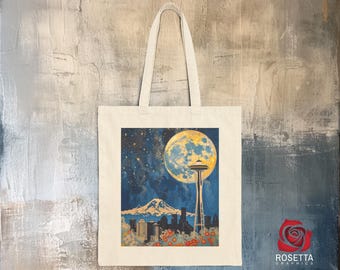 Seattle Space Needle Mount Rainer Full Moon Pop Art Cotton Canvas Tote Shopping Bag, Washington Tote Bag, Space Needle Bag, PNW Shopping Bag