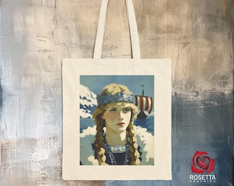 Fjord Shieldmaiden Tote Bag – A vintage Nordic warrior maid beside snowy peaks and a Viking ship, perfect for art lovers and mythology fans.