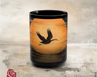 Sunset Crane Japanese Landscape Mug, Bird Mug, Bird Lover Gift, Birdwatcher Cup, Gift for Bird Owner, Landscape Mug, Japanese Mug