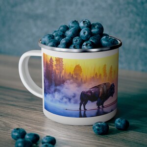 Yellowstone Impressionism Bison Enamel Camping Mug, National Park Mug, Old Faithful Geyser, Wyoming Nature Cup, Camper&#39;s Cup, Rustic Decor