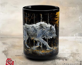 Fenrir Norse Mythology Grey Wolf Mug, Norse Decor, Runes Coffee Cup, Viking Home Goods, Gold Leaf Style, Nordic Wolf Cup, Wilderness Art