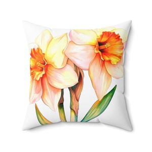 May include: Two watercolor daffodils with yellow and orange petals on a white background. The flowers are facing the right side of the image.