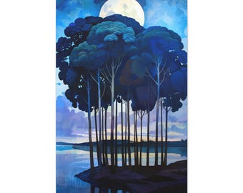 Beneath the Moonlight Canvas Wrap – A hush falls over the land as moonbeams filter through pines in this poetic forest dreamscape.