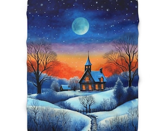 Little Church on Christmas Eve Sherpa Blanket – Cozy Winter Chapel Art Throw, Rustic Holiday Nightscape, Magical Christmas Home Décor Gift
