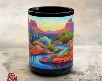 May include: A black 15 oz mug with a colorful image of a desert landscape with a winding river. The image features a bright blue sky, red rock formations, and green cacti.