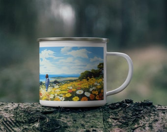 Coastal Wild Flowers A Girls Hike Enamel Camping Mug, Wildflower Tea Cup, Coastal England Mug, Nature Lover Gift, Rustic Outdoor Coffee Mug
