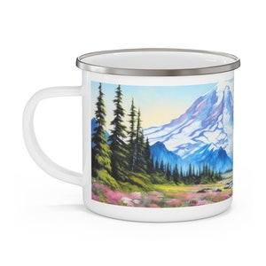 Majestic Mount Rainier Enamel Camping Mug, Pacific Northwest, Mountain Home DecorWashington Mug, Seattle Mug, Floral Mug, Camping Mug