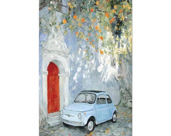 Vintage Italian Car Under Orange Blossoms Canvas Wrap – A soft watercolor dream of a pastel car and Mediterranean warmth.