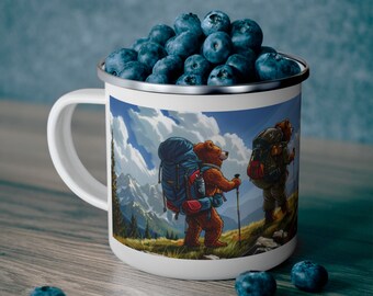 Teddy Bear Hikers in North Cascades PNW Enamel Camping Mug, Children's Campfire Cup, Hikers Gift, Rustic Cabin Decor, Outdoor Picnic Mug