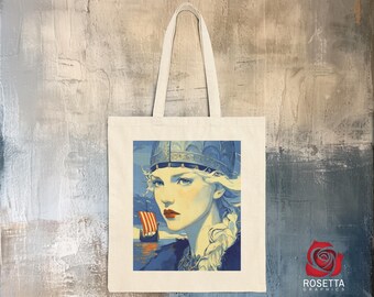 Viking Shieldmaiden Art Tote Bag - A striking Nordic warrior portrait with bold blue tones and a sailing longship, eco-friendly.