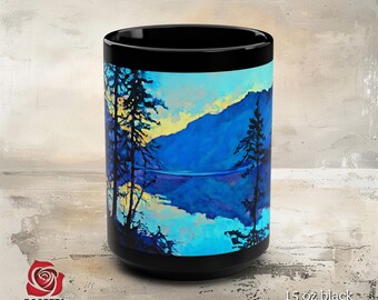 Alpine Lake Wilderness Ceramic Art Mug – Serene Blue Mountain Lake Scene, Perfect Gift for Hikers, Campers, and Nature Lovers
