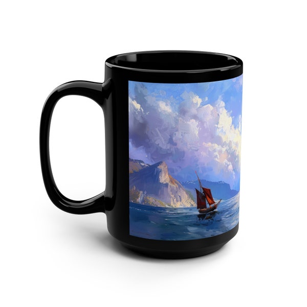 Norwegian Fjord Viking Boat Mug, Norwegian Fjord Mug, Coastal Coffee Cup, Ocean Sky Cup, Norway Cup, Seascape Tea Cup, Sailboat Decor, Art