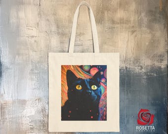 Cosmic Cat Tote Bag - Whimsical Black Cat Tote Bag, Lucky Cosmic Shopping Bag