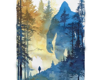 Spirit of Sasquatch Peace On the Ridge Sherpa Blanket – A dreamy watercolor forest throw with Bigfoot watching over your cozy cabin nights
