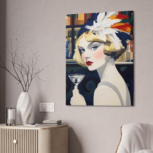 Art Deco Flapper Speakeasy Canvas Wrap– A chic blonde flapper sips her cocktail in a vibrant 1920s bar, bold and glamorous.
