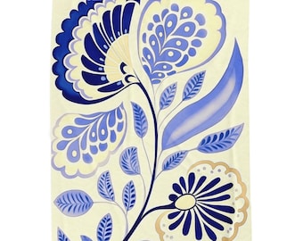 Mid Century Ornate Elegance Velveteen Blanket – Blue Floral Retro Art Throw, Modern Boho Chic Decor, Cozy Vintage-Inspired Gift