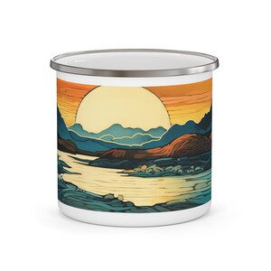 PNW Sound Sunset Enamel Camping Mug, Camper Mug, Rustic Cabin Coffee Cup, Cottagecore Tea Cup, Outdoor Hiking Cup, Rustic Washington Cup