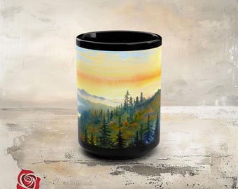 Peaceful Pacific Northwest Forest Sunrise Ceramic Mug, Tranquil Art Mug, Scenic  Mug, Washington Art Mug, Mountain Art Cup, PNW Coffee Mug