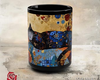Boho Cat Ceramic Mug - Cozy quilted design with gold highlights, featuring a whimsical sleeping cat, ideal for cat and coffee lovers.