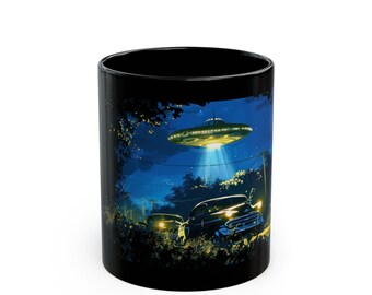 Retro UFO Roadside Encounter Coffee Mug, Sci-Fi Mug, Atomic Age Mug, Extraterrestrial Cup, UFO Collector Mug, Flying Saucer Ceramic Tea Cup