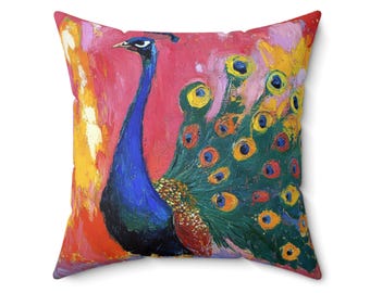 Expressive Peacock in Bloom Accent Pillow - It pops with vibrant colors, perfect for eclectic decor, modern homes, or creative gift ideas.