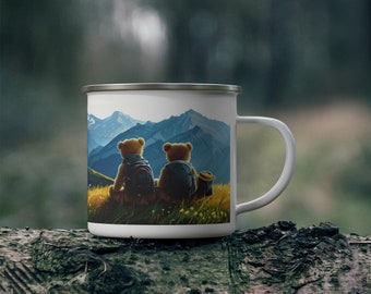 Teddy Bear Hikers Picnic Enamel Camping Mug, Teddy Bear Mug, Camping Coffee Mug, Outdoor Mug, Hiking Gift, Artist Point Cup, PNW Kids Mug