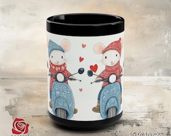 Squeakhearts On Wheels Ceramic Mug – Cute Mouse Moped Mug for Valentine’s Day, Romantic Gifts, Cottagecore Love, Cozy Whimsical Coffee Cup