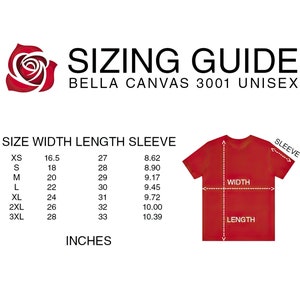 May include: Sizing guide for Bella Canvas 3001 unisex t-shirts. The chart shows sizes XS to 3XL with corresponding width, length, and sleeve measurements in inches.
