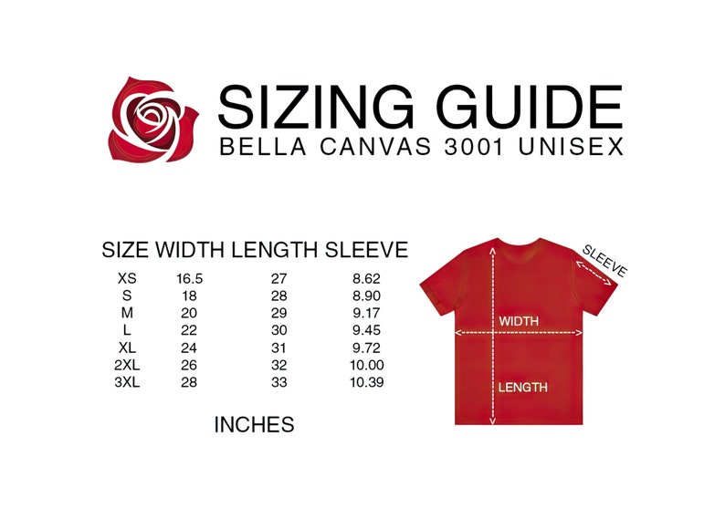 May include: Sizing guide for Bella Canvas 3001 unisex t-shirts. The chart shows sizes XS to 3XL with corresponding width, length, and sleeve measurements in inches.