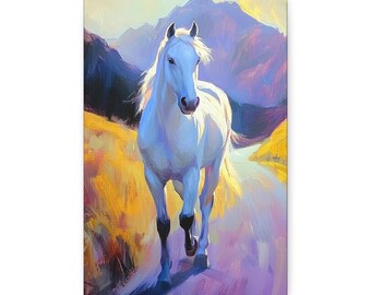 Ethereal Horse Dreamscape Canvas Wrap – A white horse stands proud on a glowing path, bathed in sunset hues, radiating peace and wild beauty