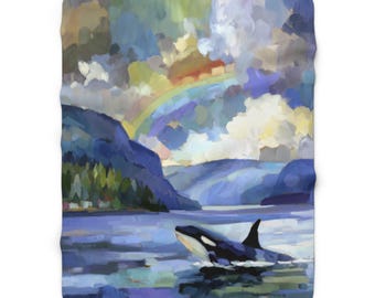 Spirit Of The Sound Sherpa Blanket– Pacific Northwest Whale Art, Cozy Coastal Couch Throw