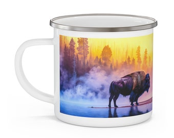 Yellowstone Impressionism Bison Enamel Camping Mug, National Park Mug, Old Faithful Geyser, Wyoming Nature Cup, Camper's Cup, Rustic Decor