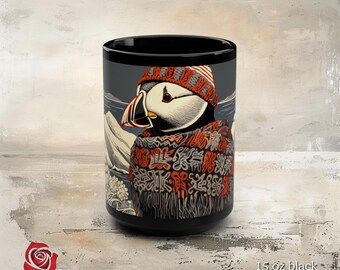 Cozy Puffin Christmas Ceramic Mug – Nordic Winter Puffin Art Cup for Hot Cocoa, Tea, Secret Santa Gifts, Cottagecore Holiday Decor
