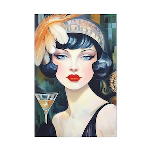 May include: An art deco style portrait of a woman with blue eyes and dark hair, wearing a black dress and a feathered headpiece. She holds a martini glass. The background features a green and gold color palette.