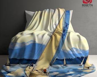 Puget Sound Sailboat Race Sherpa Blanket– PNW Coastal Watercolor Throw, Nautical Cozy Sofa & Boat Cabin Decor