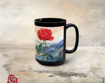 Mountain Bloom Red Rose Watercolor Mug, Gardener Coffee Mug, Cottagecore Decor, Summer Coffee Mug, Botanical Mug, Gift For Her, Rose Lover