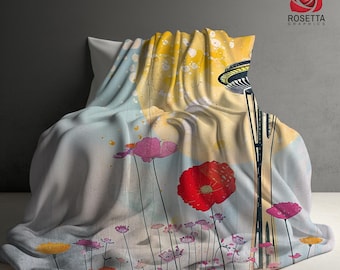 Space Needle Dreams Tranquil Floral Boho Velveteen Blanket – A peaceful wildflower design with  the Space Needle, a perfect Seattle gift.