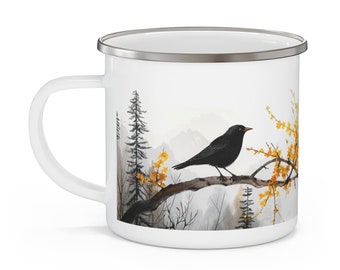 Starling Bird & Forsythia Blossoms Enamel Mug, Starling Bird Mug, Forsythia Enamel Cup, Nature Art Camping Mug, Evergreen Trees Mountain Mug
