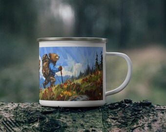 Three Teddy Bears Hike Mount Shuksan Enamel Camping Mug, Mount Baker Hiking Cup, Children's Campfire Mug, Hikers Coffee Mug, Teddy Bear Art