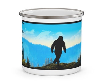 Iconic Sasquatch Silhouette Pacific Northwest Enamel Camping Mug, PNW Landscape Mug, Olympic Mountains, Bigfoot Coffee Mug, Campfire Tea Cup
