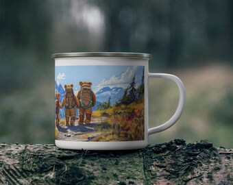 Teddy Bear Family Hike in Alpine Paradise Enamel Camping Mug, Teddy Bear Camping Cup, Kids Enamel Camper Mug, Hikers Gift, Fathers Day Gift