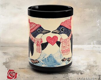 Penguin Love Winter Ceramic Mug – Cute Penguins Holding Heart, Cozy Nordic Knit Art Cup, Romantic Christmas Gift and Sweet Valentine Decor